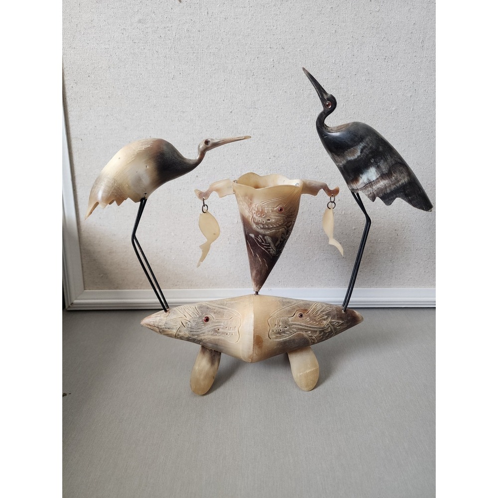 Vintage Hand Carved Water Buffalo Horn? Bird Centerpiece Vase Dragon Carving